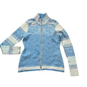 Icelandic Design Women's Sweater M Chloe Blue Merino Wool Paisley Print Full Zip